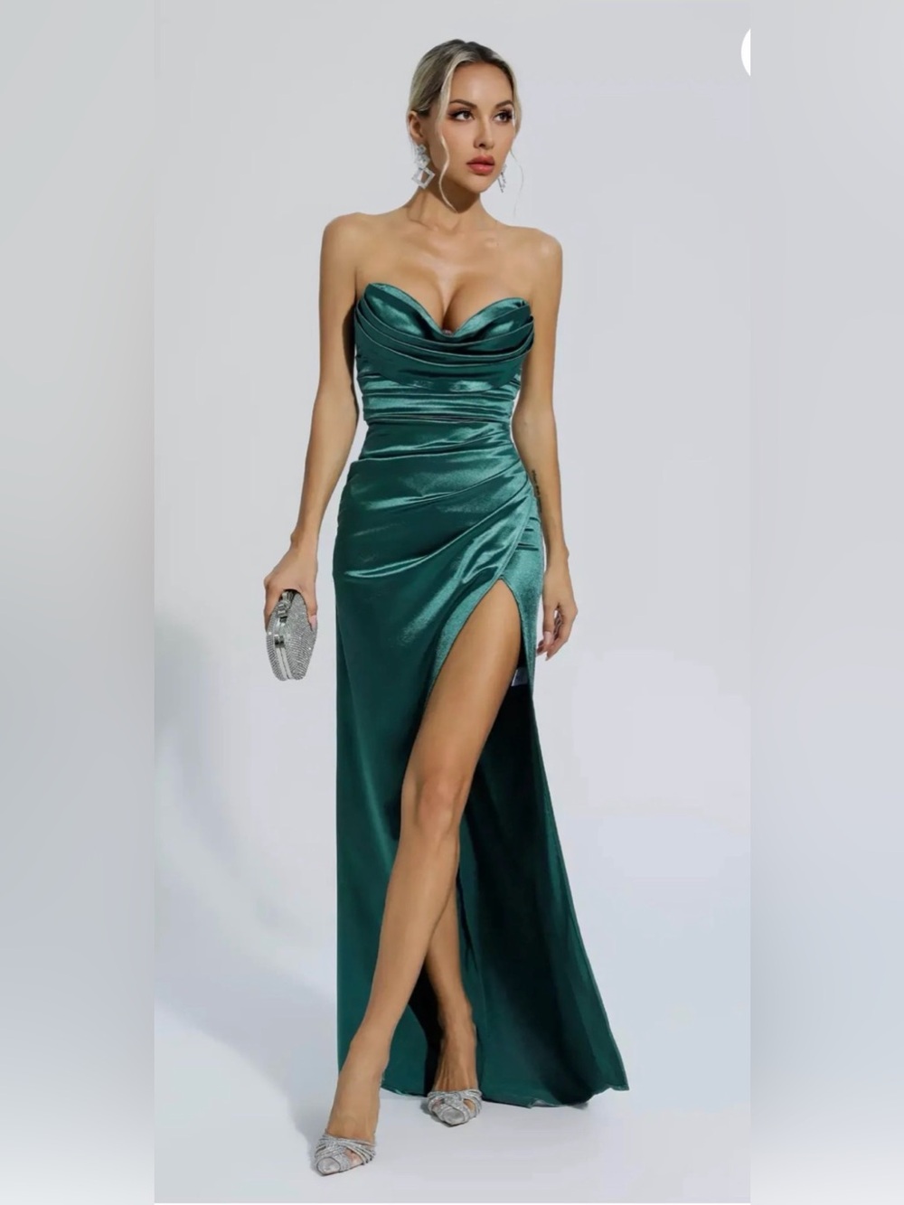 Emerald Green Satin Strapless Ruched Maxi Gown Dress High Slit M